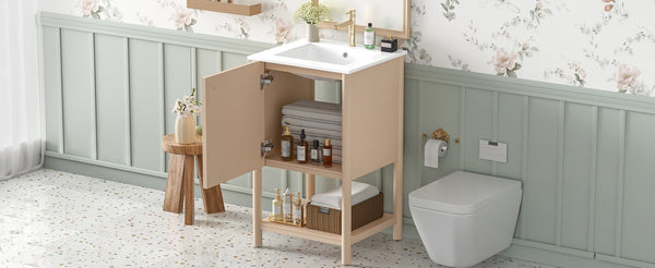 English Elm 20-inch French Style Bathroom Vanity with Integrated Ceramic Sink, Carved Accents & Soft-Close Door Cream White N710P330975Y