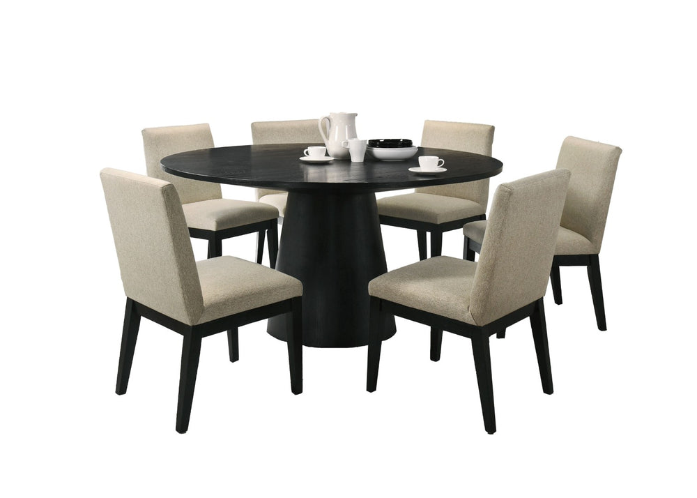 English Elm Jasper Round Pedestal Dining Set Seats Six with Ebony Wood and Beige Fabric Chairs B061S00857