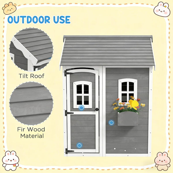 English Elm Toddlers Solid Fir Wood Cottage Playhouse with Windows and Plant Box for Backyard T3971P442846