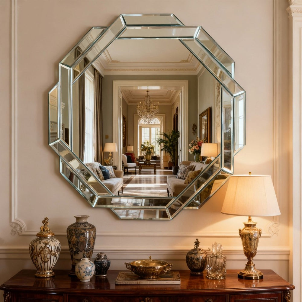 English Elm 29.92 Inch Octagonal Frameless Wall Mirror Beveled Glass for Hallway or Dining Room W1445P370441