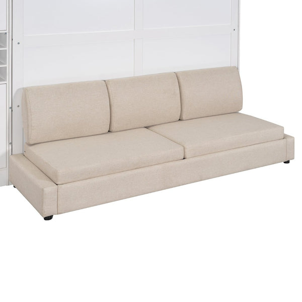 English Elm Queen Murphy Wall Bed Sofa with Open Shelving Usb Charging and Integrated Studio Lighting Gray,White LP100764AAK