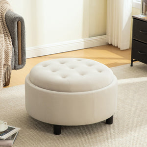 English Elm 29.33"w Fleece Tufted Round Storage Ottoman Reversible Lid Footstool for Living Room Beige W3189P422396