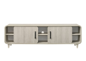 English Elm 1pc Mid-Century TV Stand 71.1" Wide Light Finish with Sliding Doors, Tapered Legs & Gold Handles Antique White 21 L x 73.5 W x 18.5 H B2741P406247