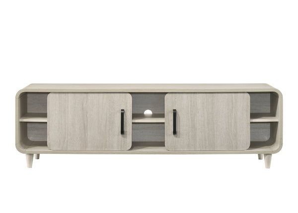 English Elm 1pc Mid-Century TV Stand 71.1" Wide Light Finish with Sliding Doors, Tapered Legs & Gold Handles Antique White 21 L x 73.5 W x 18.5 H B2741P406247
