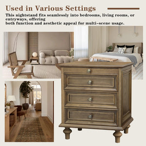 English Elm Farmhouse Nightstand Pine Wood Four Drawer Storage with Pull Out Tray Gourd Legs Light Brown W1716P399636