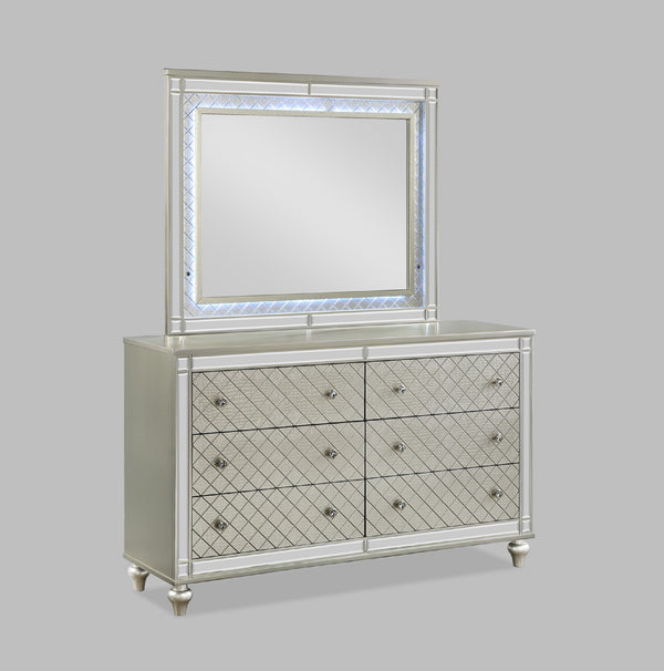 English Elm 1pc Glam 5-Drawer Bedroom Chest with Mirrored Accents Crosshatch Drawer Fronts Champagne Finish Silver 65.75 L x 21.75 W x 38.25 H B2741P367218