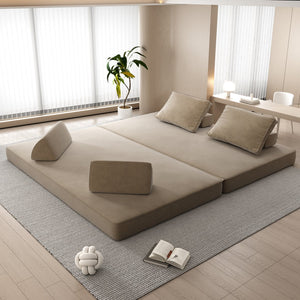 English Elm 86.6"Multifunctional Folding Sofa Bed with Chaise, Fluffy Chenille, Removable Backs & Pillows, Deep Seat Lounge Camel W3219P340668