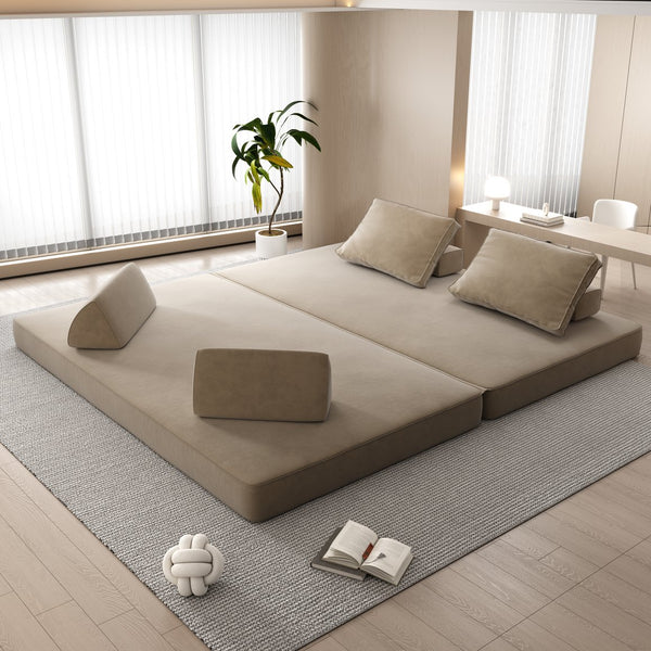 English Elm 86.6"Multifunctional Folding Sofa Bed with Chaise, Fluffy Chenille, Removable Backs & Pillows, Deep Seat Lounge Camel W3219P340668