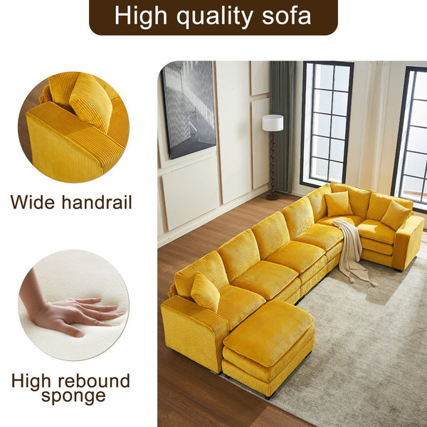 English Elm Modern U Shaped 6-Seat Sectional Sofa with Ottoman and 3 Toss Pillows, Corduroy Modular Comfort and Durable Frame Yellow W2363S00040