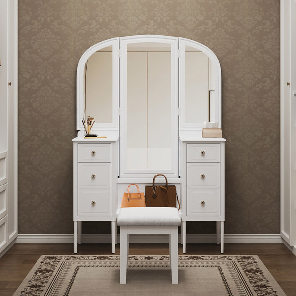 English Elm Antique Glam Vanity Desk with Triple Mirror, Stool & 6 Drawers, Full‑Length Mirror, White Elegance N844P285297A