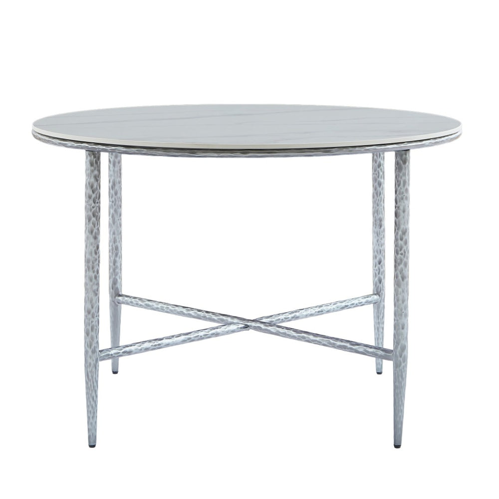 English Elm Sintered Stone Square Dining Table with Hand Hammered Iron X Base Artisan Craft Forged Pewter N771P400389Y
