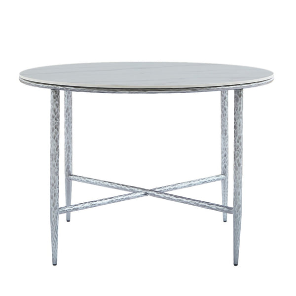 English Elm Sintered Stone Square Dining Table with Hand Hammered Iron X Base Artisan Craft Forged Pewter N771P400389Y
