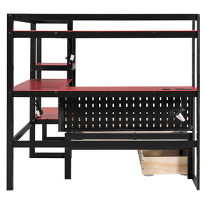 English Elm Twin Gaming Daybed with Led Strips Desk Pegboard Bookcase and Three Storage Drawers Black+Red N820S00083J