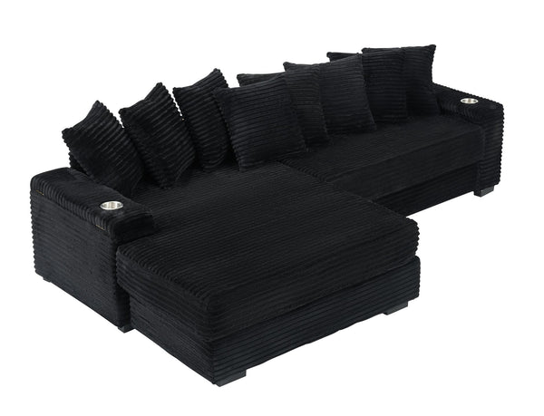 English Elm 111.4-inch corduroy L-shaped sofa with reversible chaise, armrest cup holders, lockers, sturdy frame Black W1278S00105