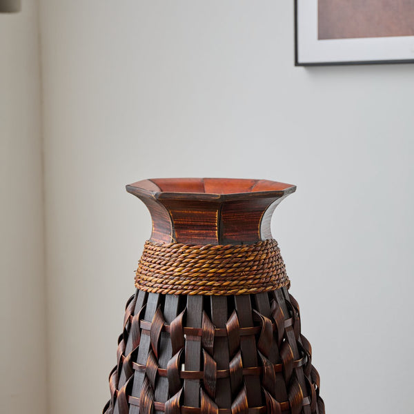 English Elm A 39-inch hand-woven bamboo floor vase in Acacia Wood PVC finish — 37.75" tall modern rattan decor for entryway W2796P283884