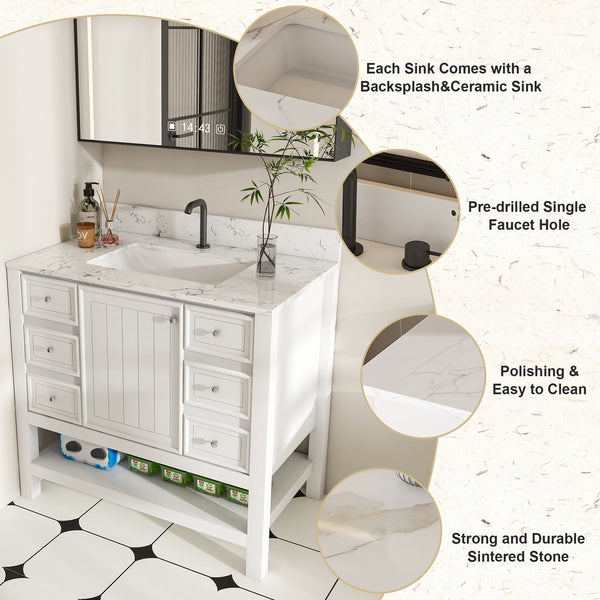 English Elm Modern 37" Bathroom Vanity With Carrara White Top - Sleek, Functional Storage & Easy Assembly! W509S00136