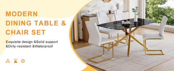 English Elm Table and Chair Set Marble Tempered Glass Top Gold Sculptural Legs Four Pu Seats Black+Gold,White W1151S03294