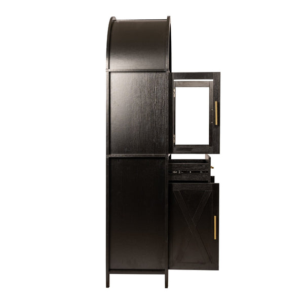 English Elm 71" Arched Glass Barn Door Pantry Cabinet Farmhouse Mdf Storage for Kitchen Dining Black W2917S00016