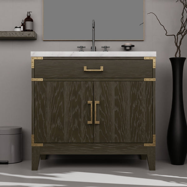 English Elm Brown Oak Single Bath Vanity With Carrara Marble Countertop & Matching 34" Mirror For Elegant Style B2731S01459