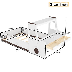 English Elm Twin Car Shaped Floor Bed with Storage Drawers and Built in Desk for Kids W1580P396323
