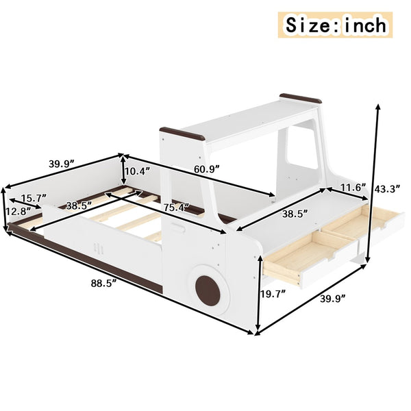 English Elm Twin Car Shaped Floor Bed with Storage Drawers and Built in Desk for Kids W1580P396323