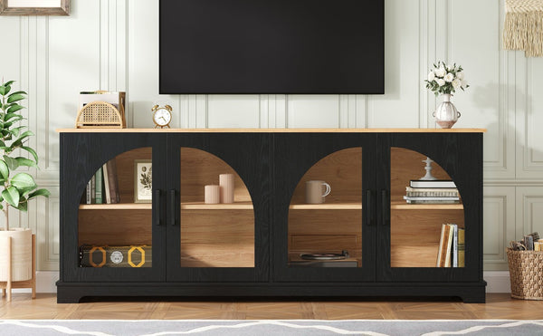 English Elm Farmhouse Media Console with Arched Glass Doors Wood Grain Two Tone Living Room Storage Black N721P411204B