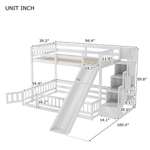 English Elm Twin Over Full Bunk Bed Solid Pine Frame with Built-in Slide and Storage Staircase White W504S00290