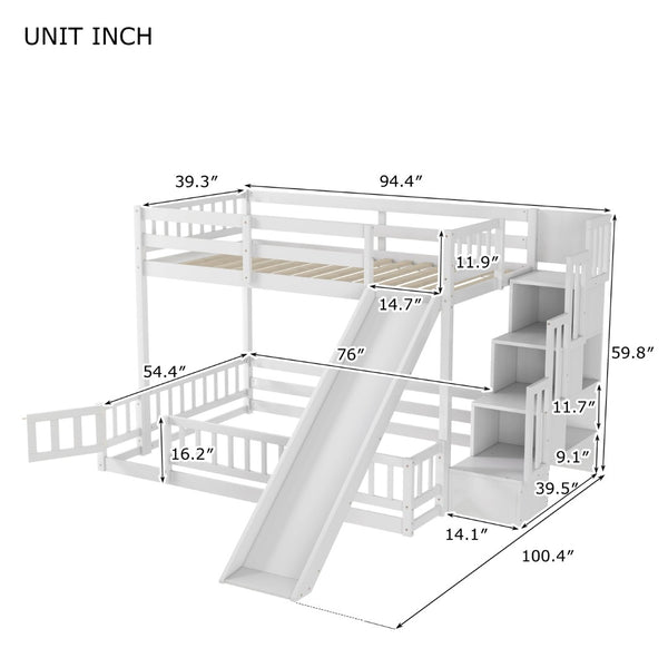 English Elm Twin Over Full Bunk Bed Solid Pine Frame with Built-in Slide and Storage Staircase White W504S00290