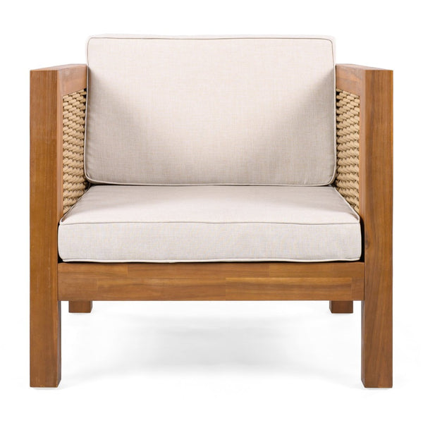 English Elm Acacia Wood Outdoor Lounge Chair with Wicker Arms Teak Finish Patio Seating N779P359686B