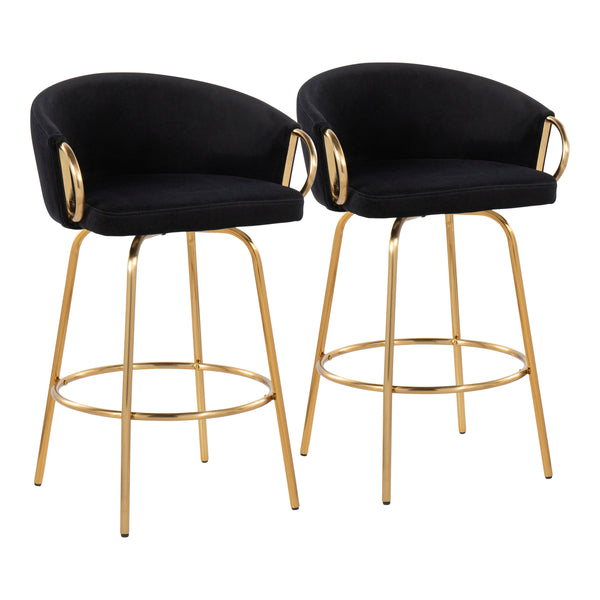 English Elm Claire Contemporary Glam Counter Stool with Gold Frame and Velvet Swivel Seat, Set of 2, Luxe Black B202S00193
