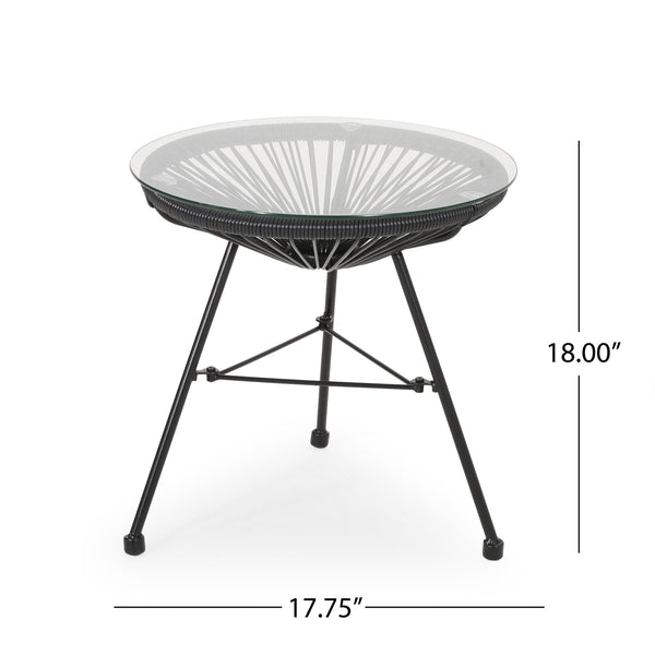 English Elm Christopher Knight Home® - NUSA Side Table with Tempered Glass Top and Handcrafted Rattan Base — Modern Outdoor Accent Table Black 66627.00BLK