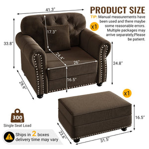 English Elm 41.3"upholstered Velvet Chesterfield Sofa Button Tufted with Nailhead Trim Reading Nook Brown W1885S00374