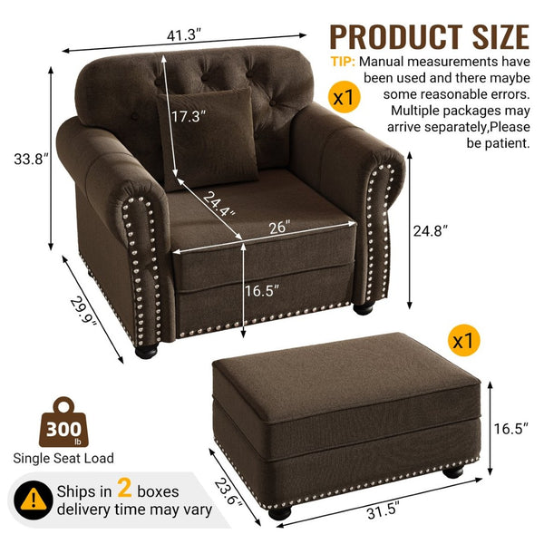 English Elm 41.3"upholstered Velvet Chesterfield Sofa Button Tufted with Nailhead Trim Reading Nook Brown W1885S00374