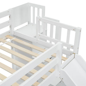 English Elm Twin Over Full Bunk Bed Solid Pine Frame with Built-in Slide and Storage Staircase White W504S00290