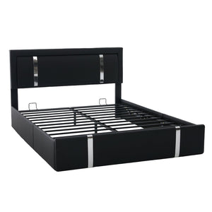 English Elm Queen Platform Bed Wingback Diamond Quilted Headboard Led Lighting Storage Drawers Black W5722P462695