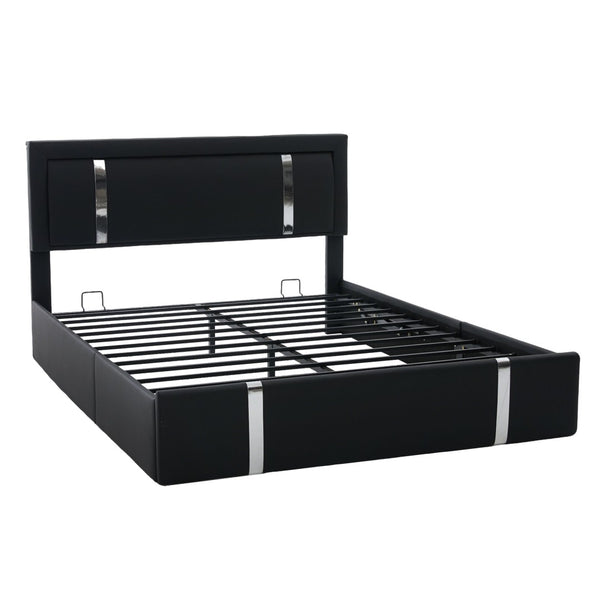 English Elm Queen Platform Bed Wingback Diamond Quilted Headboard Led Lighting Storage Drawers Black W5722P462695
