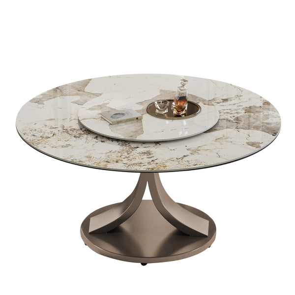 English Elm 59" Round Dining Table With 360° Rotating Lazy Susan - Scratch-Resistant Stone Top For Family Gatherings W2699S00055