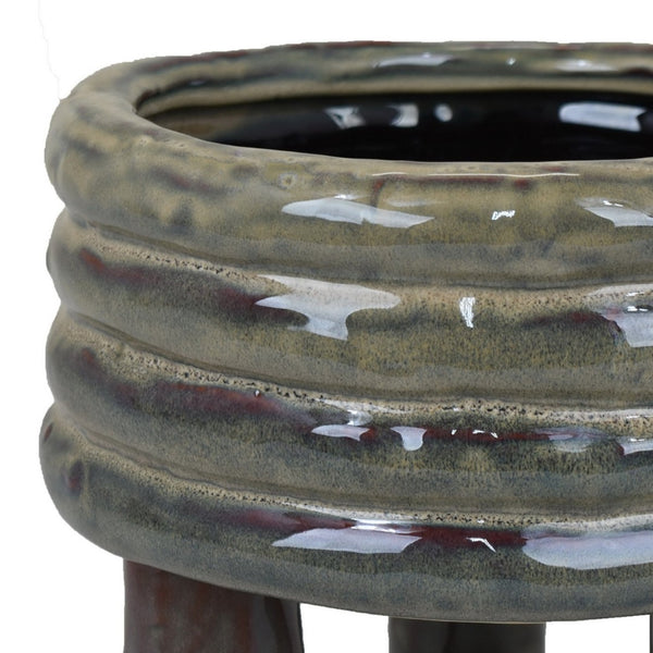 English Elm Garden Glazed Ceramic Planter Ribbed Sculptural Design for Patio or Indoor Tabletop B056P416939