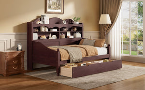 English Elm Twin Daybed Retro Wood Frame with Under Bed Drawers and Headboard Shelving Espresso N733S415358P