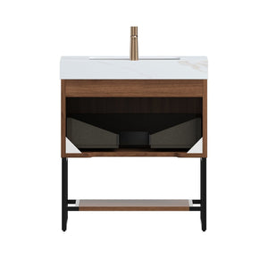 English Elm Yolan 30 Inch Freestanding Bathroom Vanity Plywood Cabinet Sintered Stone Top Oak Finish Black,Carrara White,Dark Walnut W2615S00666