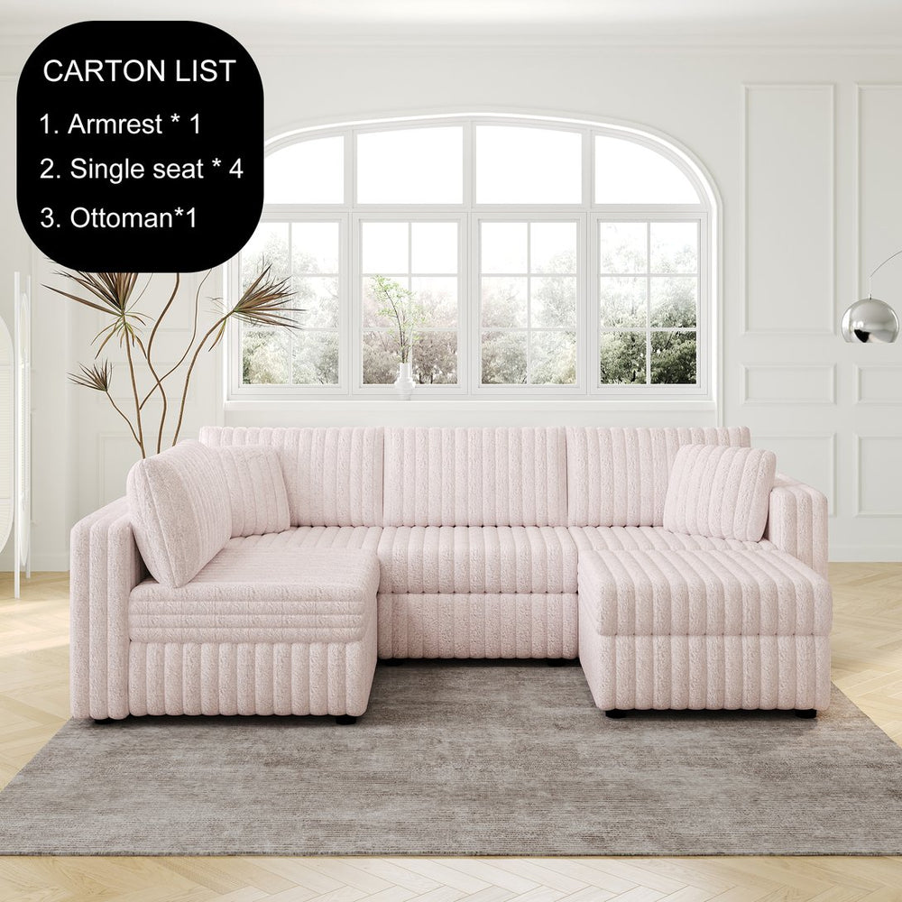 English Elm 106.3" Soft U-Shaped Sofa For 4 - Stylish Light Pink Modular Design With Hidden Storage & Washable Cushions W1767S00021
