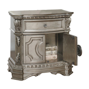 English Elm Antique Silver Champagne Nightstand with Felt-Lined Drawer & Cabinet Storage, Vintage Charm Design B062P189073