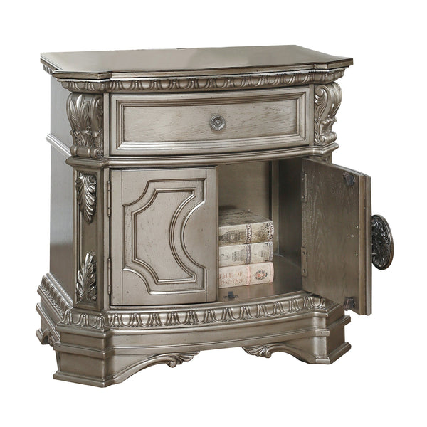 English Elm Antique Silver Champagne Nightstand with Felt-Lined Drawer & Cabinet Storage, Vintage Charm Design B062P189073