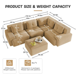 English Elm Modern Corduroy Sectional Sofa Deep Seat V Shape Tufted Couch with Movable Ottoman Camel W714S01588