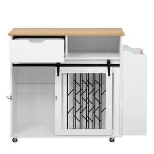 English Elm 2 IN 1 Modern Dog Crate Kitchen Island with Storage, Rolling Lockable Casters, Sliding Doors & Drawer N843P256452R