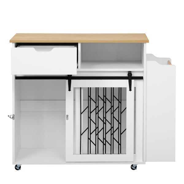 English Elm 2 IN 1 Modern Dog Crate Kitchen Island with Storage, Rolling Lockable Casters, Sliding Doors & Drawer N843P256452R