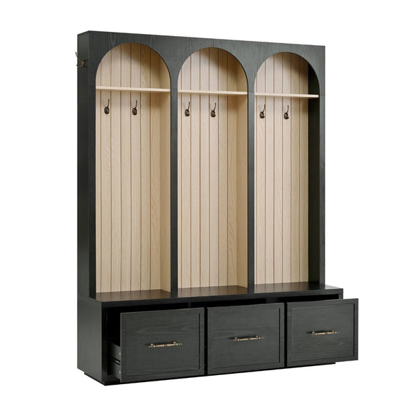 English Elm Hall Tree Entryway Organizer with Bench Drawers Hooks Arched Wood Grain Vintage Style Black N721P415881B