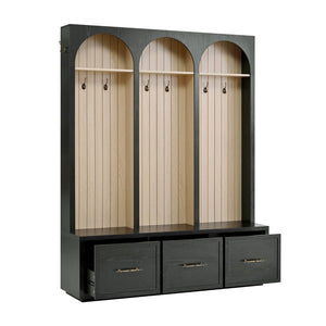 English Elm Hall Tree Entryway Organizer with Bench Drawers Hooks and Arched Wood Grain Panels Black N721P415880B
