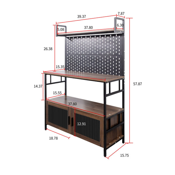 English Elm Kitchen Bakers Rack with Pegboard Doors, Adjustable Shelves, Microwave Stand, Water-Resistant Organizer for Small Kitchens and Dining Areas (44.5x19.3x13.4) W331P283643
