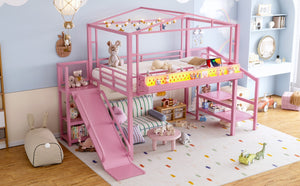 English Elm Twin Metal Loft Bed with Built-in Wardrobe Storage Stairs Led Lights and Usb Ports W5316S00048